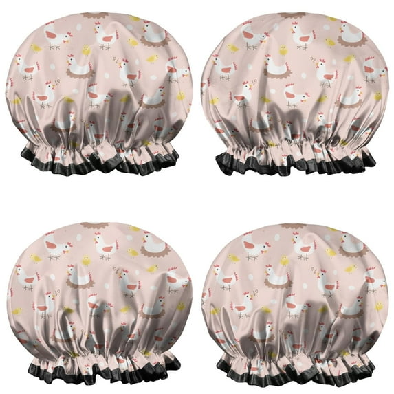Shower Caps,Pink Chicken White Brown Pattern Waterproof Shower Cap for Women 4 Pieces,Double Reusable Hair Cover for Shower PEVA Elastic Stretch Hem