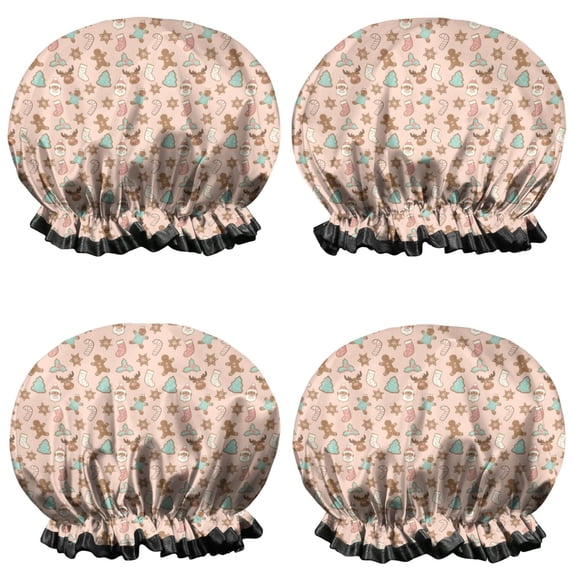 Shower Caps,Pink Christmas Gingerbread and Tree Pattern Waterproof Shower Cap for Women 4 Pieces,Double Reusable Hair Cover for Shower PEVA Elastic Stretch Hem