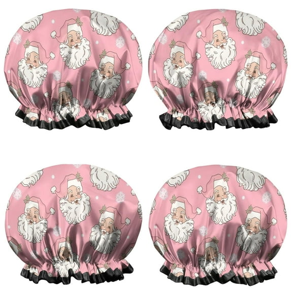 Shower Caps,Pink Christmas Santa Pattern Waterproof Shower Cap for Women 4 Pieces,Double Reusable Hair Cover for Shower PEVA Elastic Stretch Hem