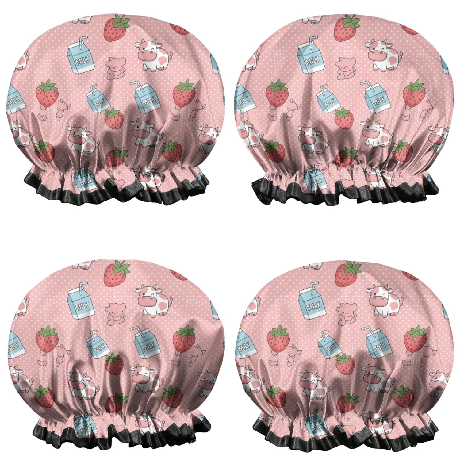 Shower Caps,Pink Cow Milk Strawberry Pattern Waterproof Shower Cap for Women 4 Pieces,Double Reusable Hair Cover for Shower PEVA Elastic Stretch Hem