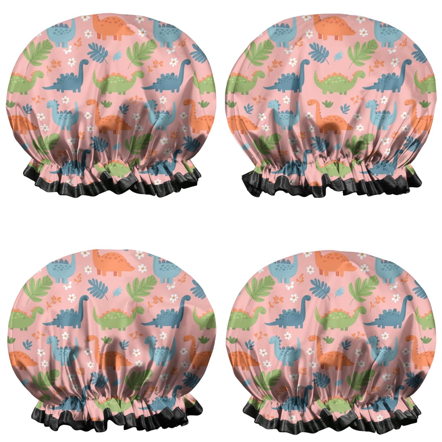 Shower Caps,Pink Dinosaur Floral Pattern Waterproof Shower Cap for Women 4 Pieces,Double Reusable Hair Cover for Shower PEVA Elastic Stretch Hem