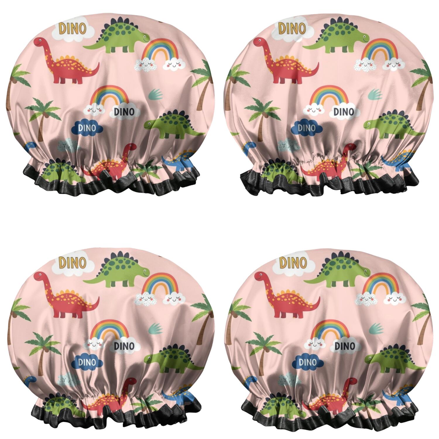 Shower Caps,Pink Dinosaur and Rainbow Pattern Waterproof Shower Cap for Women 4 Pieces,Double Reusable Hair Cover for Shower PEVA Elastic Stretch Hem