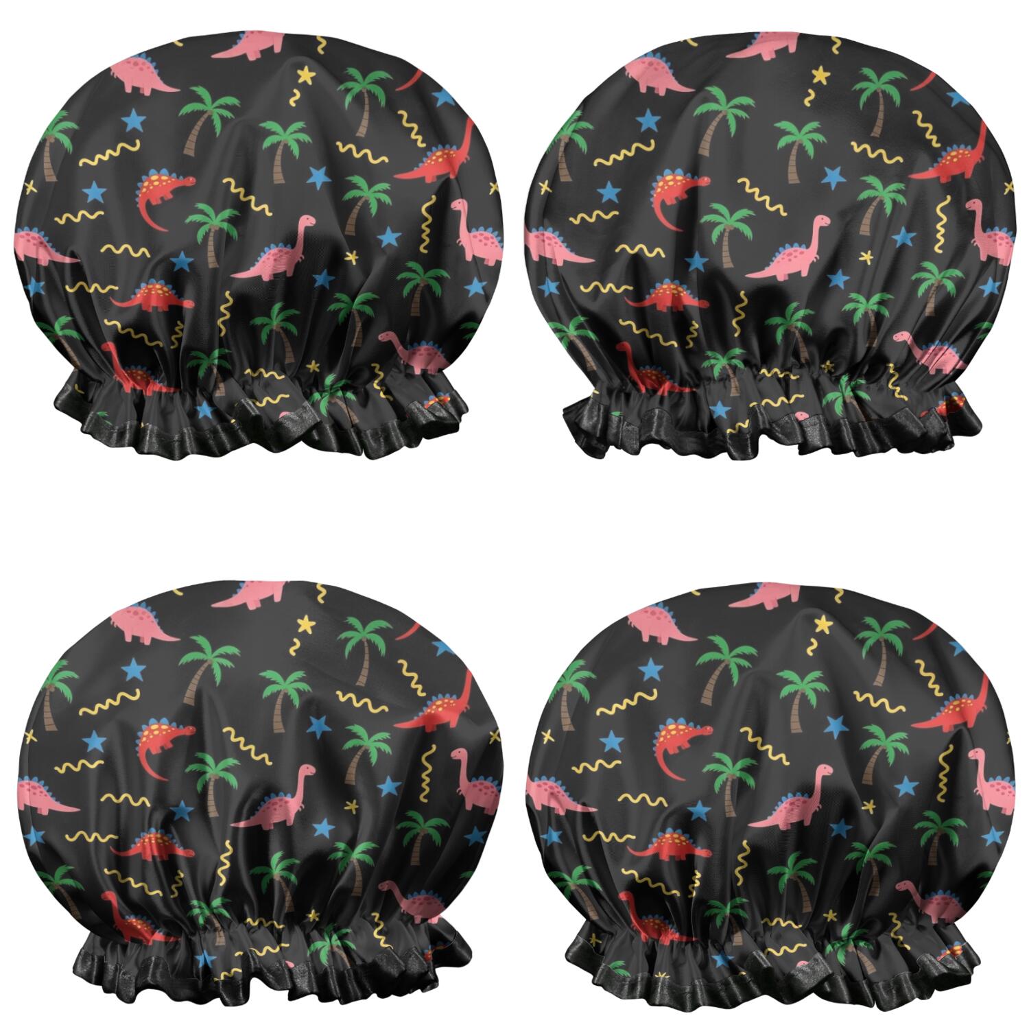Shower Caps,Pink Dinosaurs Cosmic Stars Waterproof Shower Cap for Women 4 Pieces,Double Reusable Hair Cover for Shower PEVA Elastic Stretch Hem
