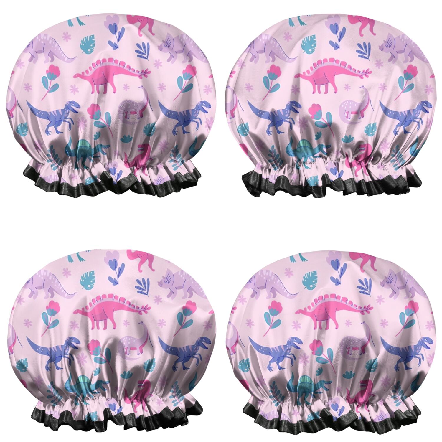 Shower Caps,Pink Dinosaurs Flowers Leaves Pattern Waterproof Shower Cap for Women 4 Pieces,Double Reusable Hair Cover for Shower PEVA Elastic Stretch Hem