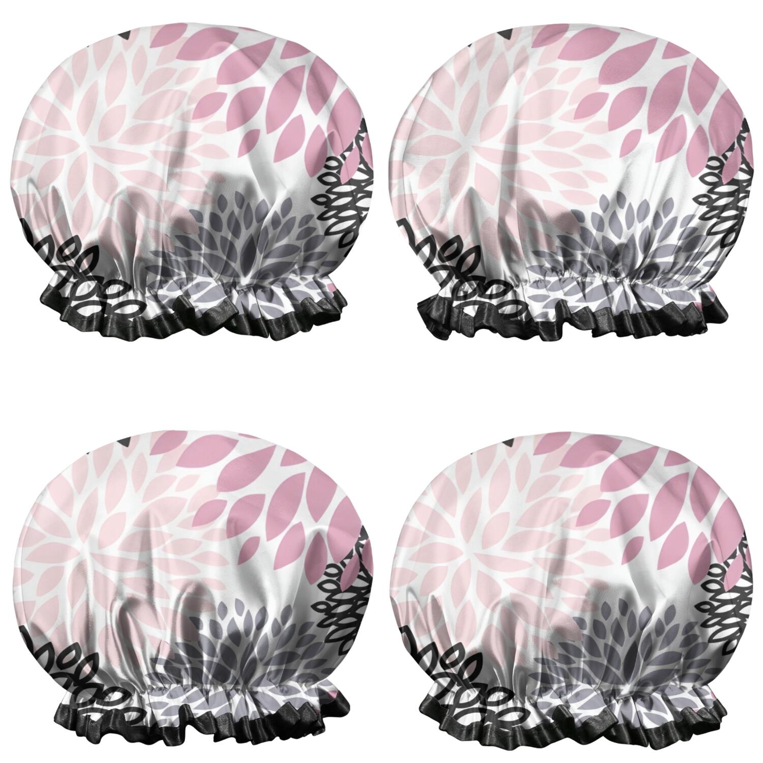 Shower Caps,Pink Floral and Petal Pattern Waterproof Shower Cap for Women 4 Pieces,Double Reusable Hair Cover for Shower PEVA Elastic Stretch Hem