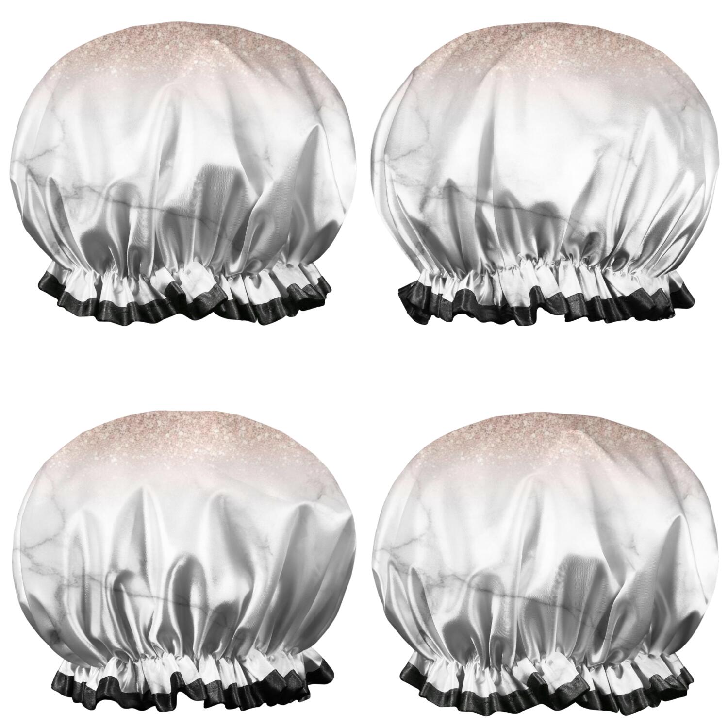 Shower Caps,Pink Glitter White Marble Pattern Waterproof Shower Cap for Women 4 Pieces,Double Reusable Hair Cover for Shower PEVA Elastic Stretch Hem
