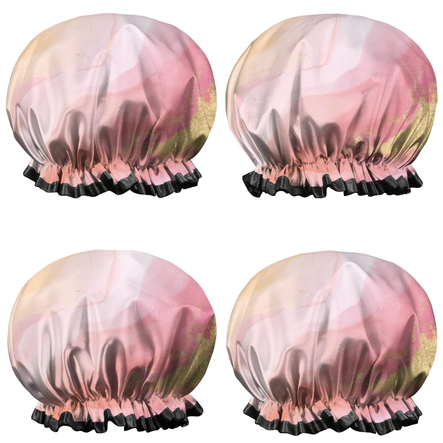 Shower Caps,Pink Gold Marble Pattern Waterproof Shower Cap for Women 4 Pieces,Double Reusable Hair Cover for Shower PEVA Elastic Stretch Hem
