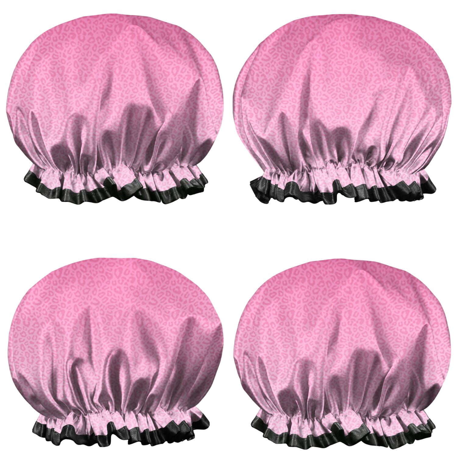 Shower Caps,Pink Gradient Leopard Print Waterproof Shower Cap for Women 4 Pieces,Double Reusable Hair Cover for Shower PEVA Elastic Stretch Hem