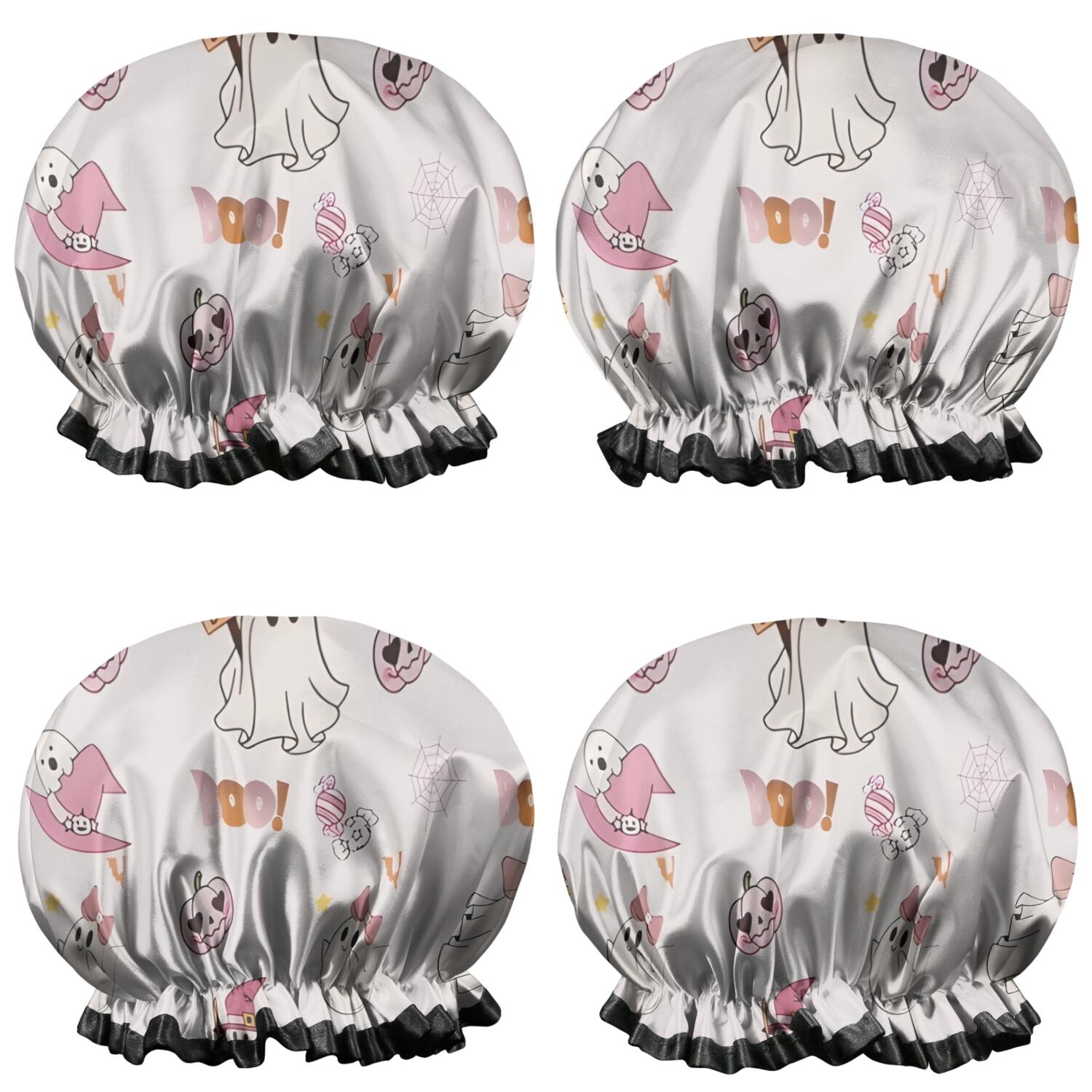 Shower Caps,Pink Halloween Ghosts Waterproof Shower Cap for Women 4 Pieces,Double Reusable Hair Cover for Shower PEVA Elastic Stretch Hem