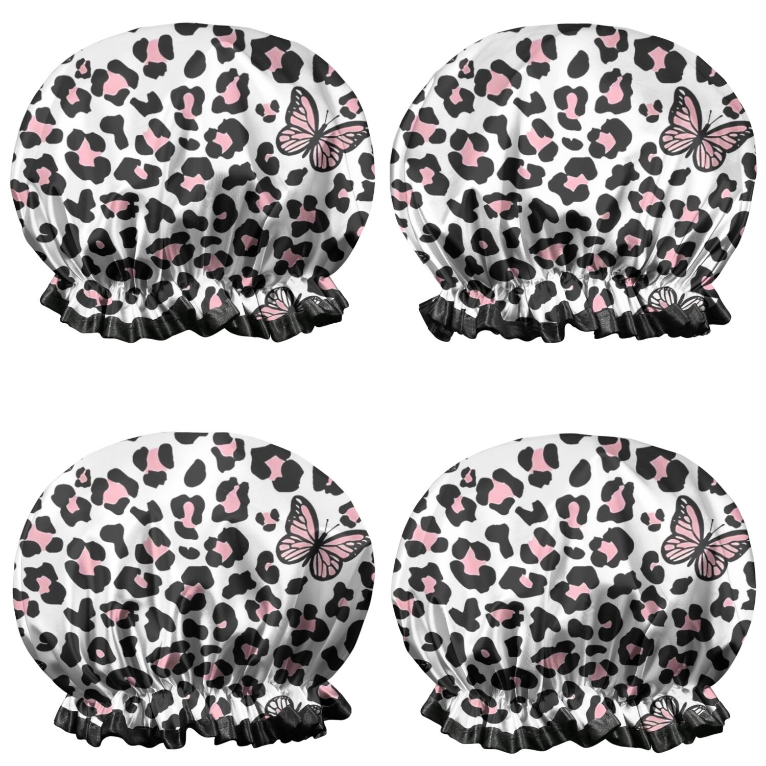 Shower Caps,Pink Leopard Butterfly Pattern Waterproof Shower Cap for Women 4 Pieces,Double Reusable Hair Cover for Shower PEVA Elastic Stretch Hem