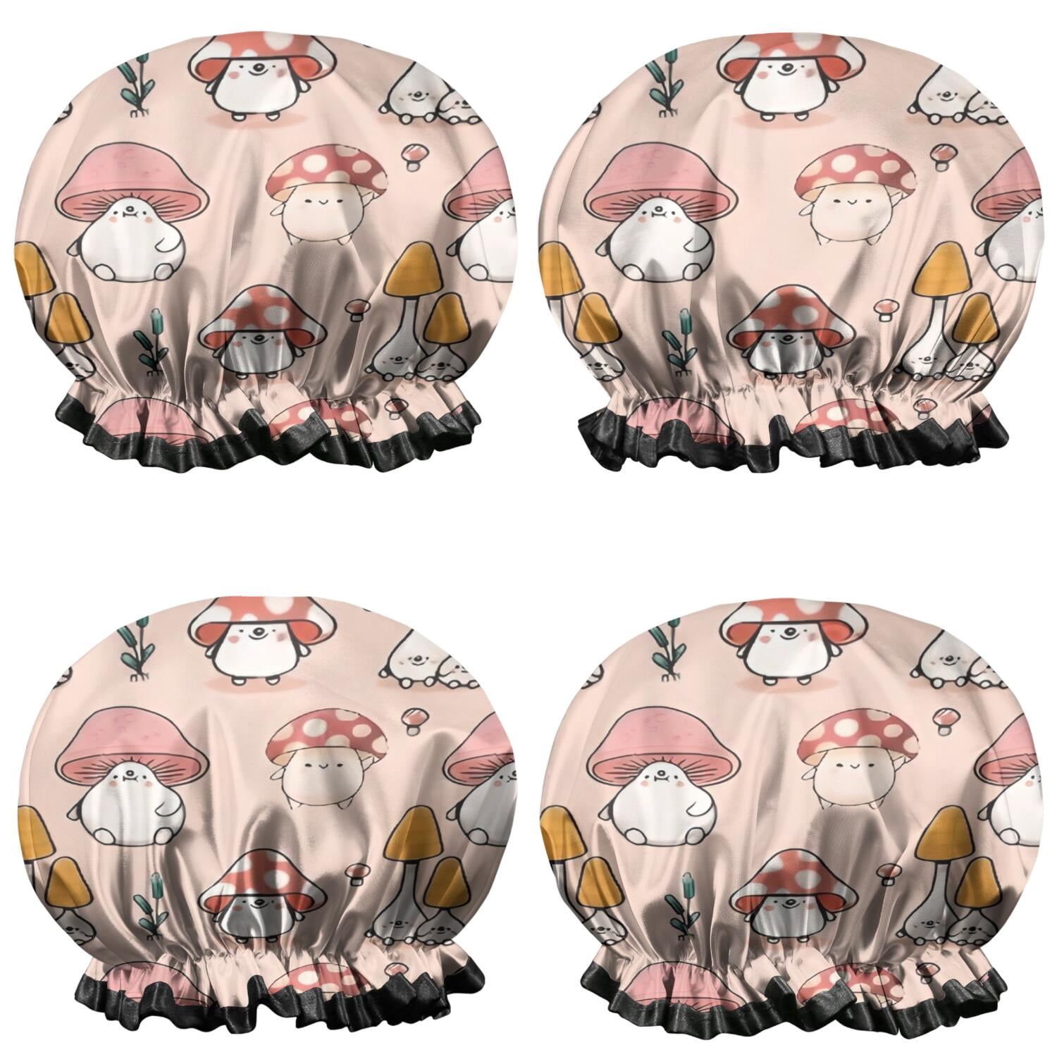 Shower Caps,Pink Mushroom Cartoon Light Pattern Waterproof Shower Cap for Women 4 Pieces,Double Reusable Hair Cover for Shower PEVA Elastic Stretch Hem