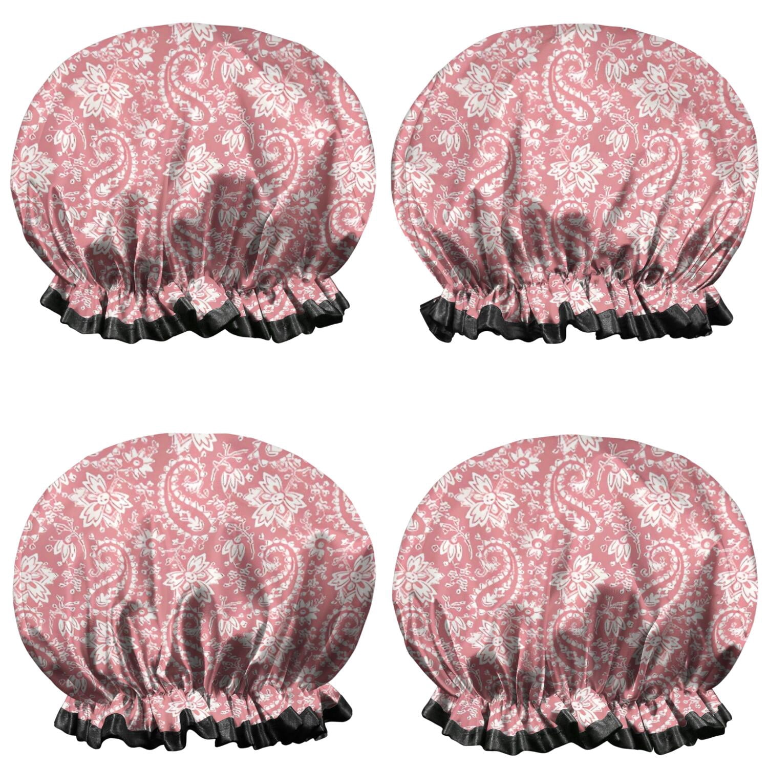 Shower Caps,Pink Pioneer Flower and Paisley Pattern Waterproof Shower Cap for Women 4 Pieces,Double Reusable Hair Cover for Shower PEVA Elastic Stretch Hem