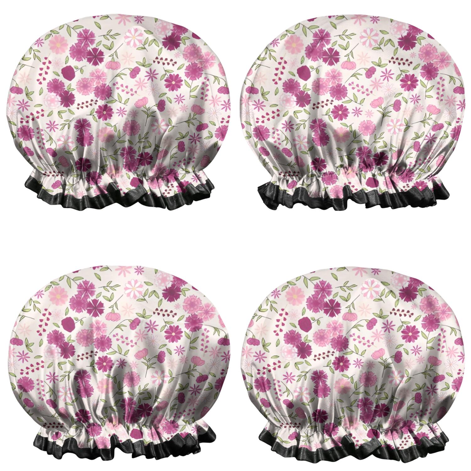 Shower Caps,Pink Pioneer Flower Pattern Waterproof Shower Cap for Women 4 Pieces,Double Reusable Hair Cover for Shower PEVA Elastic Stretch Hem