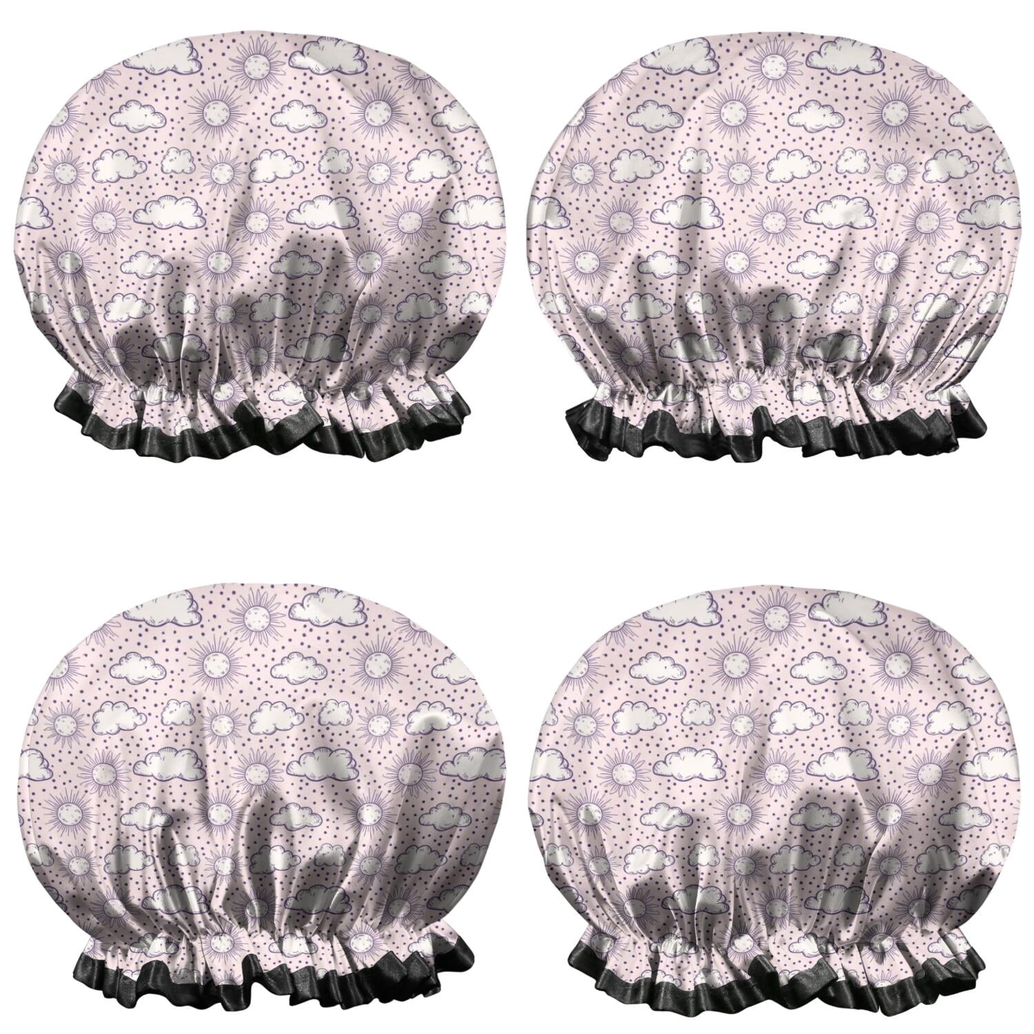 Shower Caps,Pink Purple Sun Cloud Pattern Waterproof Shower Cap for Women 4 Pieces,Double Reusable Hair Cover for Shower PEVA Elastic Stretch Hem