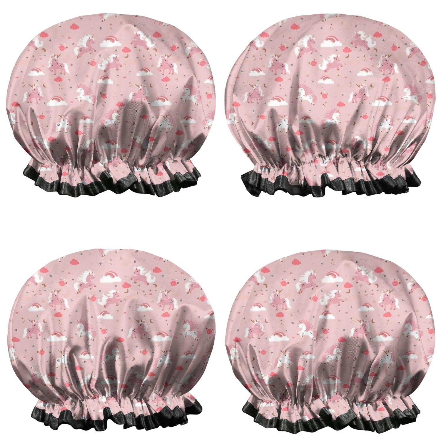 Shower Caps,Pink Unicorn Cloud Heart Pattern Waterproof Shower Cap for Women 4 Pieces,Double Reusable Hair Cover for Shower PEVA Elastic Stretch Hem