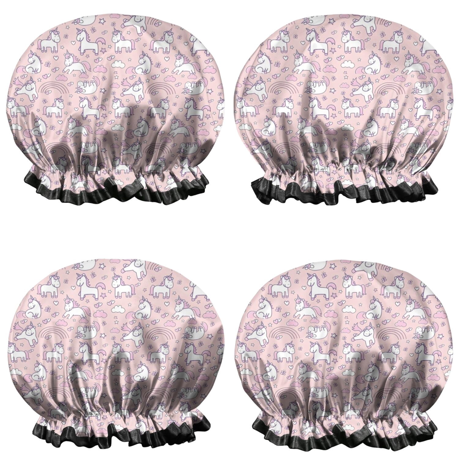 Shower Caps,Pink Unicorn Doodle Pattern Waterproof Shower Cap for Women 4 Pieces,Double Reusable Hair Cover for Shower PEVA Elastic Stretch Hem