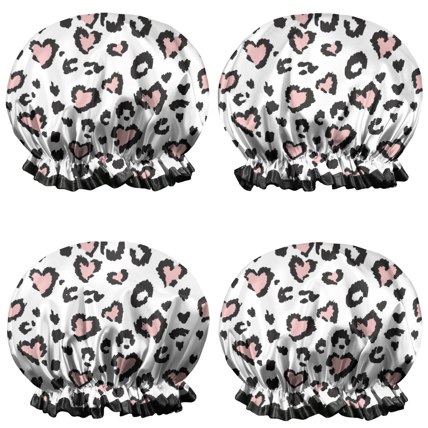 Shower Caps,Pink and Black Of Leopard Print Waterproof Shower Cap for Women 4 Pieces,Double Reusable Hair Cover for Shower PEVA Elastic Stretch Hem