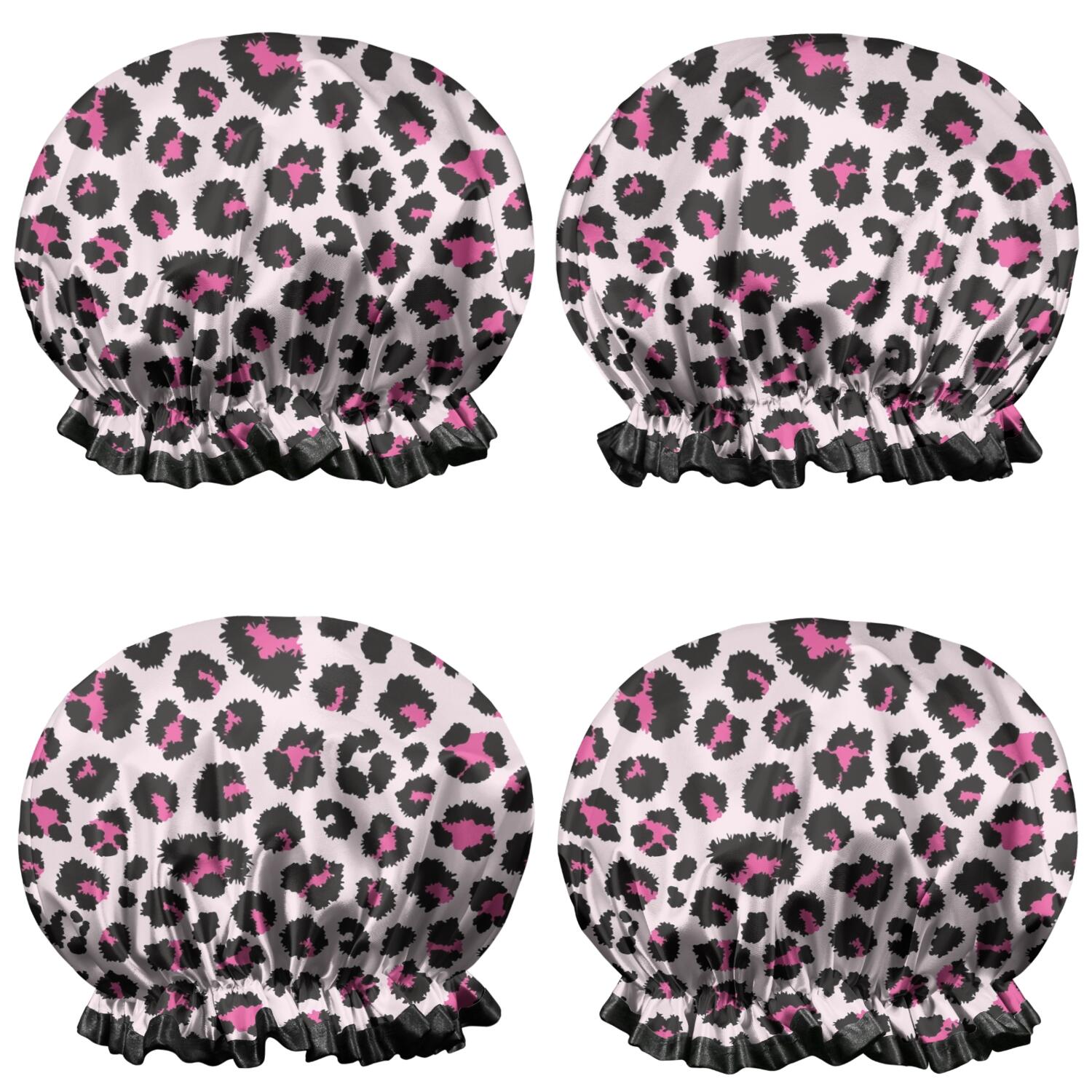 Shower Caps,Pink and Black Of Leopard Print Waterproof Shower Cap for Women 4 Pieces,Double Reusable Hair Cover for Shower PEVA Elastic Stretch Hem