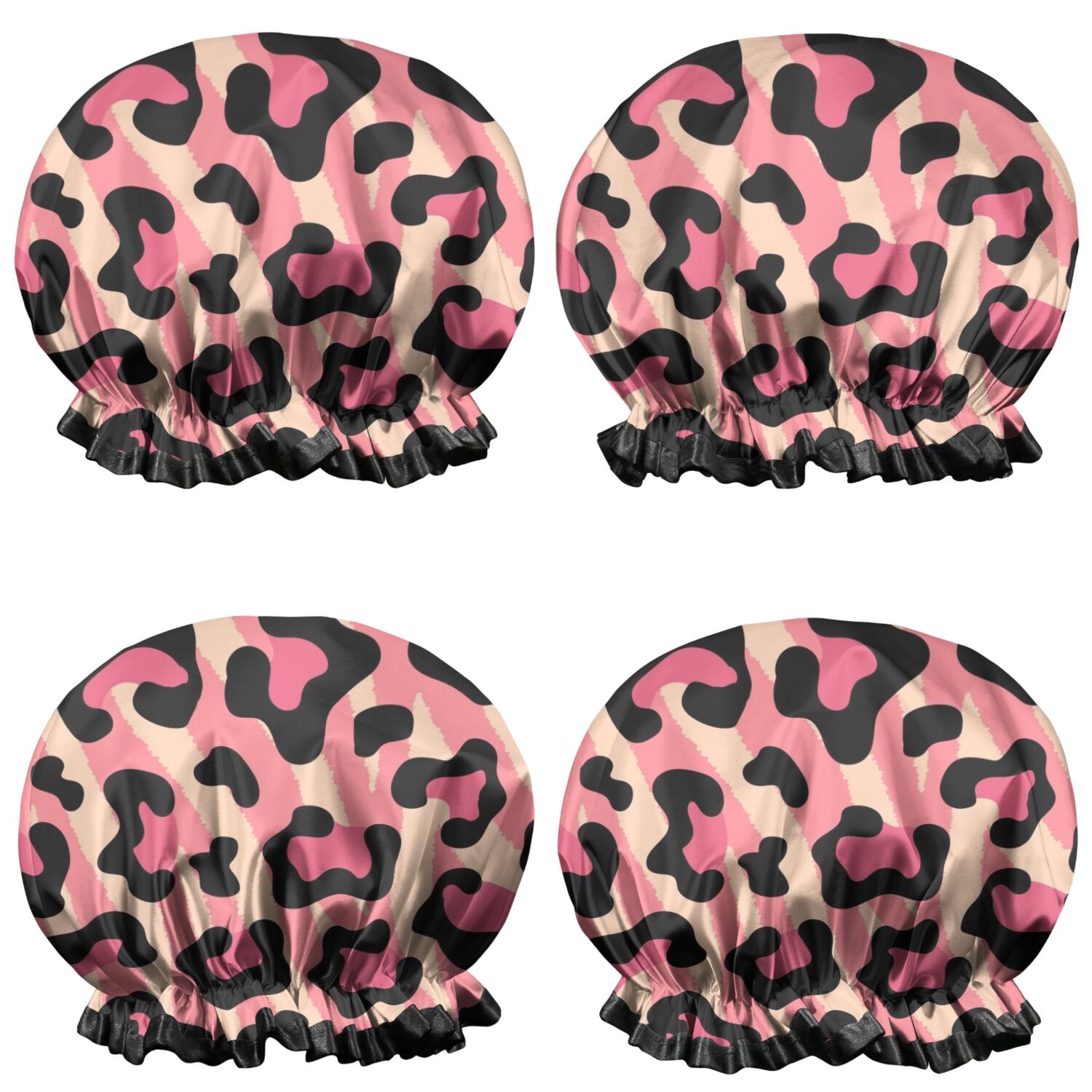Shower Caps,Pink and Black Of Leopard Print Waterproof Shower Cap for Women 4 Pieces,Double Reusable Hair Cover for Shower PEVA Elastic Stretch Hem