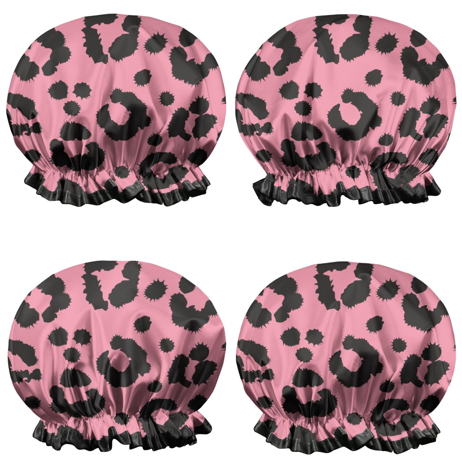 Shower Caps,Pink and Black Of Leopard Print Waterproof Shower Cap for Women 4 Pieces,Double Reusable Hair Cover for Shower PEVA Elastic Stretch Hem