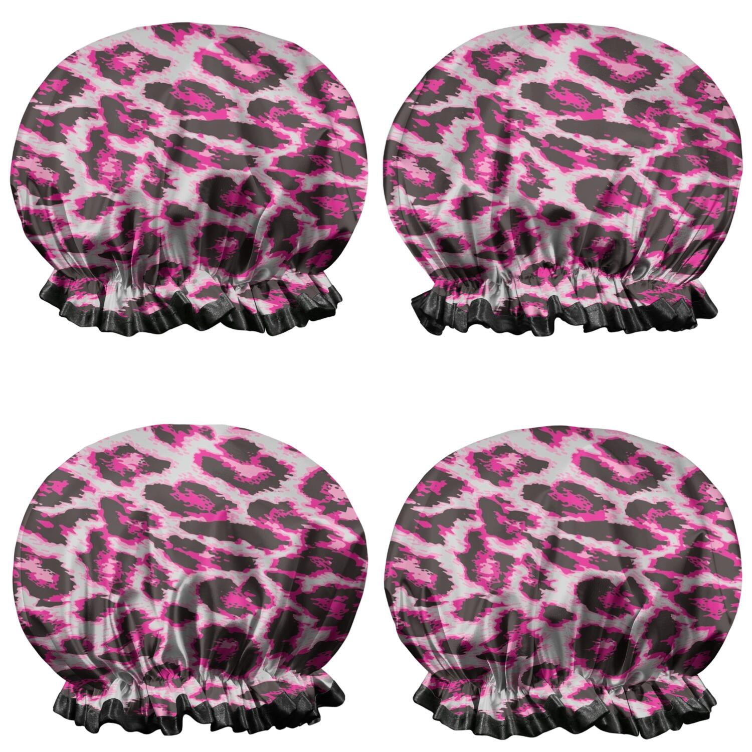 Shower Caps,Pink and Gray Of Leopard Print Waterproof Shower Cap for Women 4 Pieces,Double Reusable Hair Cover for Shower PEVA Elastic Stretch Hem