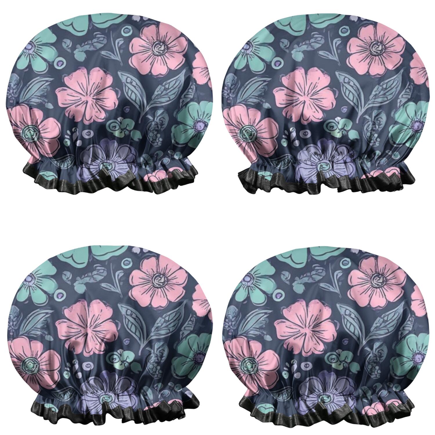 Shower Caps,Pioneer Flower Floral Print Pattern Waterproof Shower Cap for Women 4 Pieces,Double Reusable Hair Cover for Shower PEVA Elastic Stretch Hem