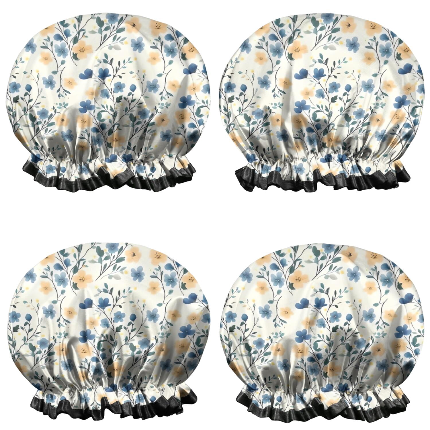 Shower Caps,Pioneer Flower Floral Print Pattern Waterproof Shower Cap for Women 4 Pieces,Double Reusable Hair Cover for Shower PEVA Elastic Stretch Hem