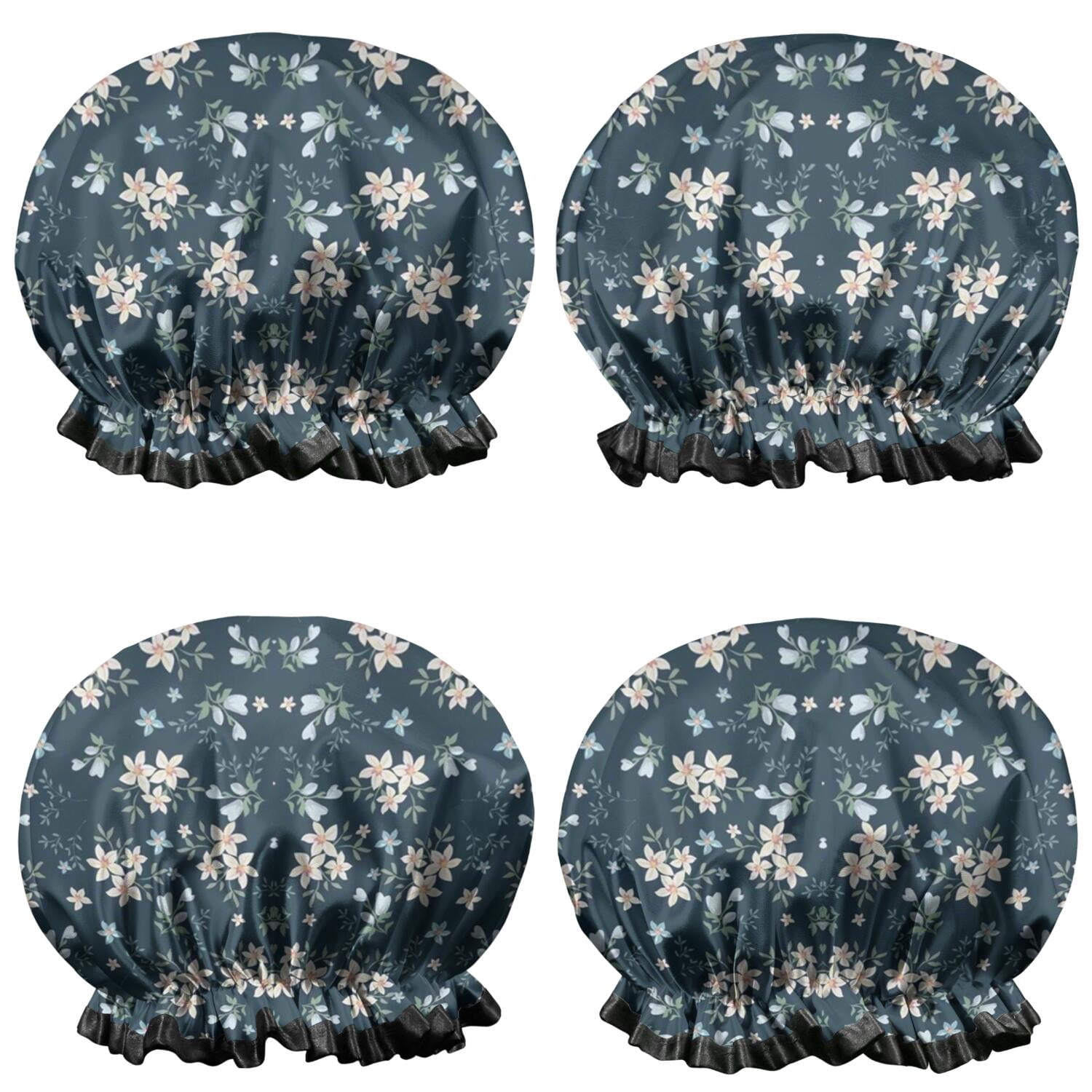 Shower Caps,Pioneer Flower Floral Print Pattern Waterproof Shower Cap for Women 4 Pieces,Double Reusable Hair Cover for Shower PEVA Elastic Stretch Hem
