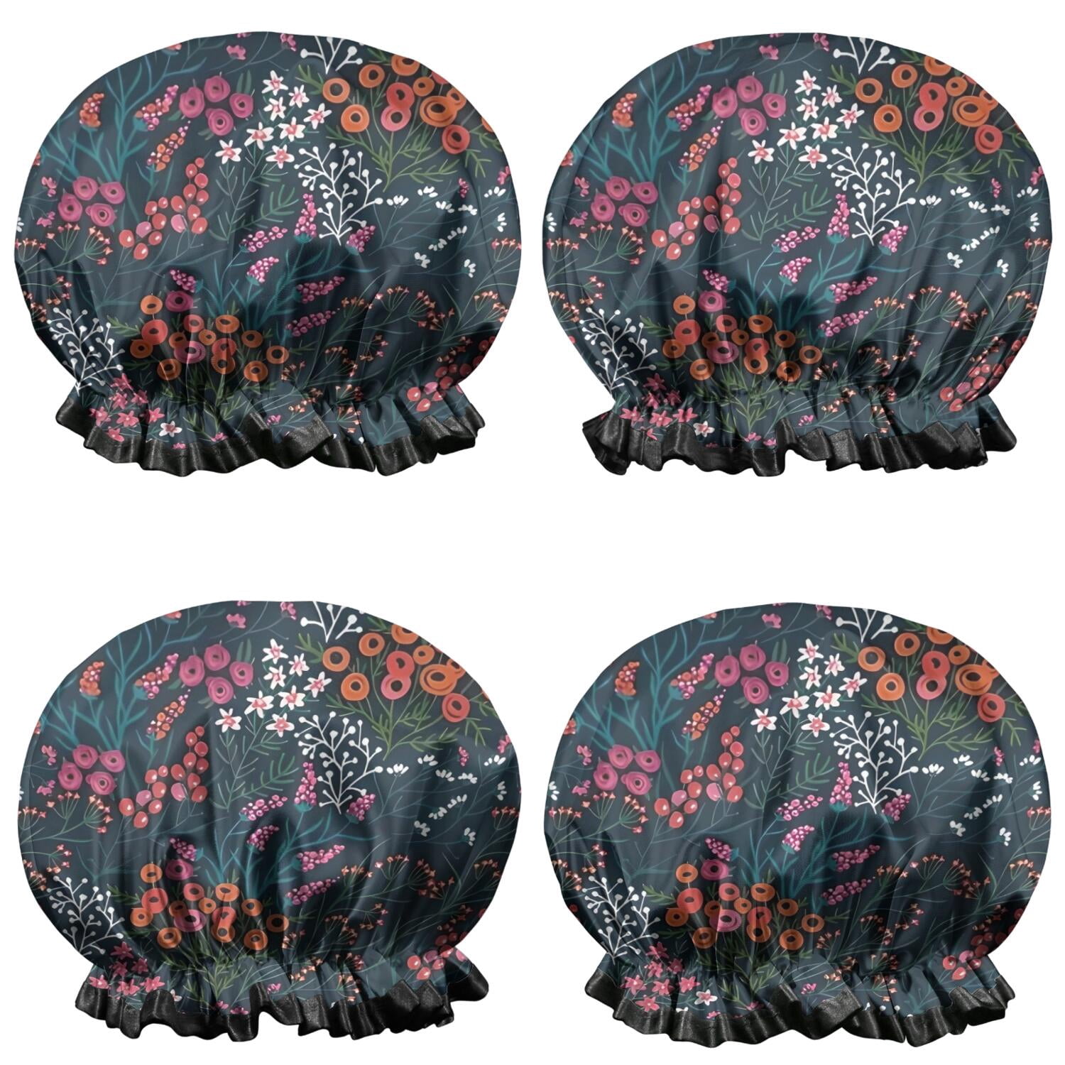 Shower Caps,Pioneer Flower Floral Print Pattern Waterproof Shower Cap for Women 4 Pieces,Double Reusable Hair Cover for Shower PEVA Elastic Stretch Hem