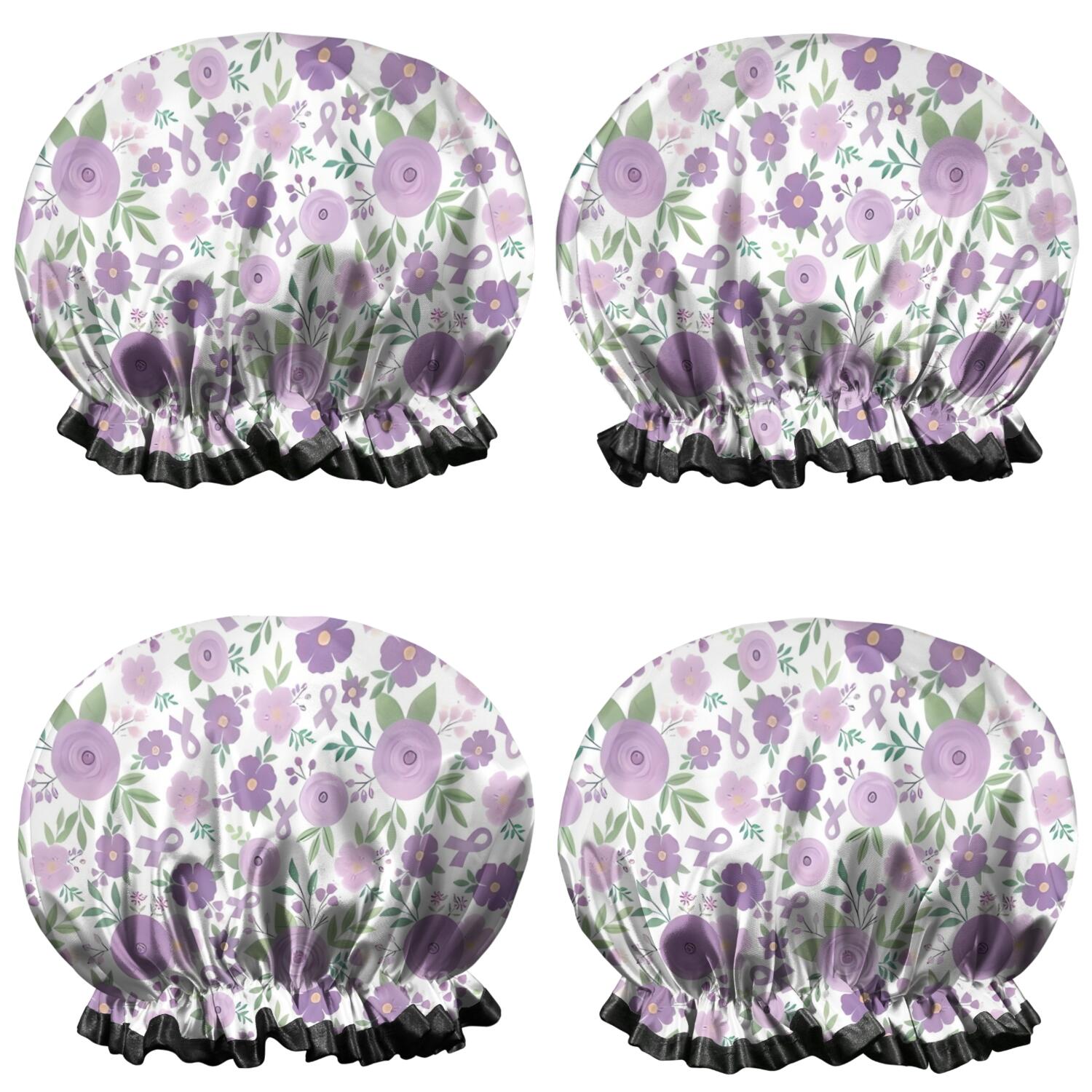 Shower Caps,Pioneer Flower Floral Print Pattern Waterproof Shower Cap for Women 4 Pieces,Double Reusable Hair Cover for Shower PEVA Elastic Stretch Hem