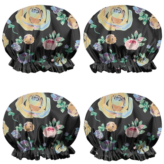 Shower Caps,Pioneer Flower Floral Print Pattern Waterproof Shower Cap for Women 4 Pieces,Double Reusable Hair Cover for Shower PEVA Elastic Stretch Hem