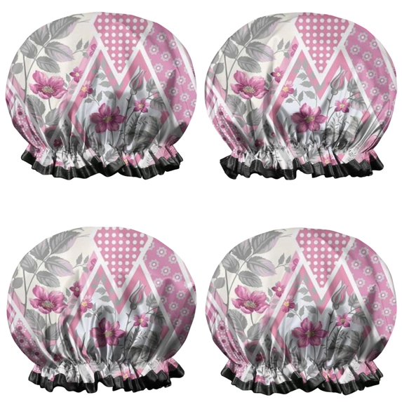 Shower Caps,Pioneer Flower Floral Print Pattern Waterproof Shower Cap for Women 4 Pieces,Double Reusable Hair Cover for Shower PEVA Elastic Stretch Hem