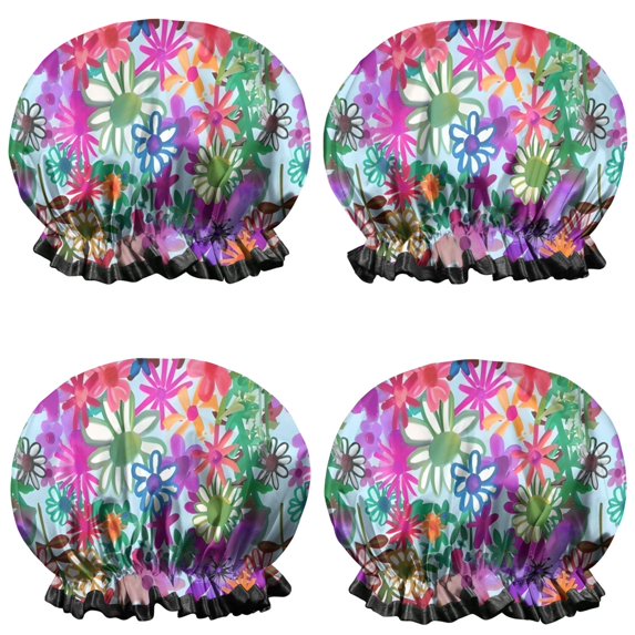 Shower Caps,Pioneer Flower Floral Print Pattern Waterproof Shower Cap for Women 4 Pieces,Double Reusable Hair Cover for Shower PEVA Elastic Stretch Hem