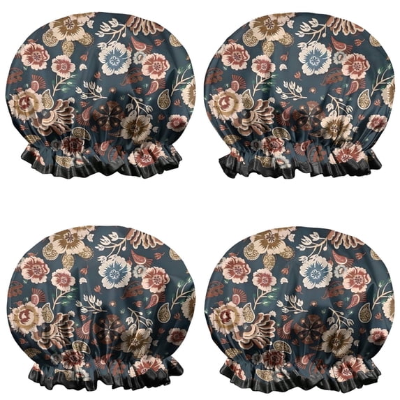 Shower Caps,Pioneer Flower Floral Print Pattern Waterproof Shower Cap for Women 4 Pieces,Double Reusable Hair Cover for Shower PEVA Elastic Stretch Hem