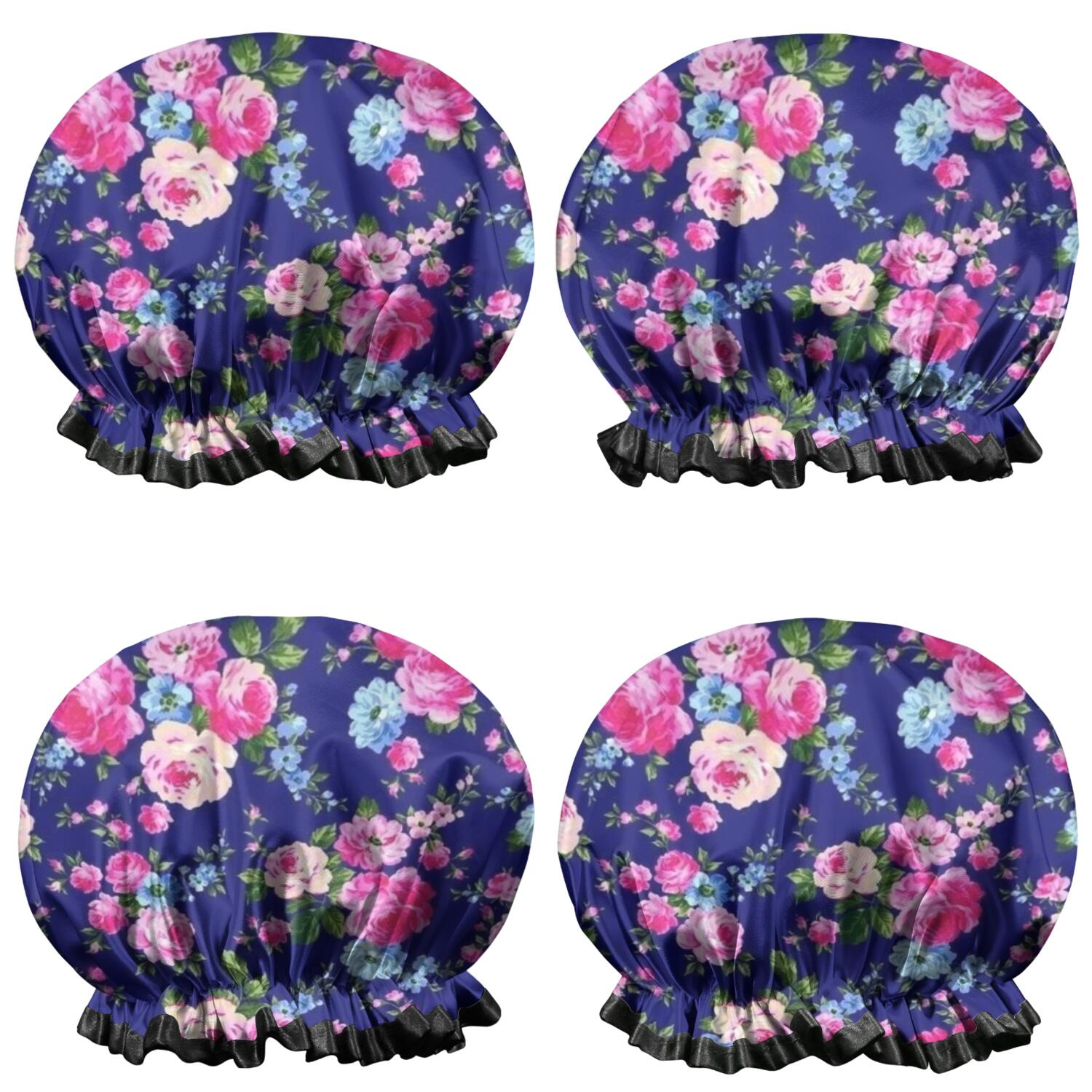 Shower Caps,Pioneer Flower Floral Print Pattern Waterproof Shower Cap for Women 4 Pieces,Double Reusable Hair Cover for Shower PEVA Elastic Stretch Hem