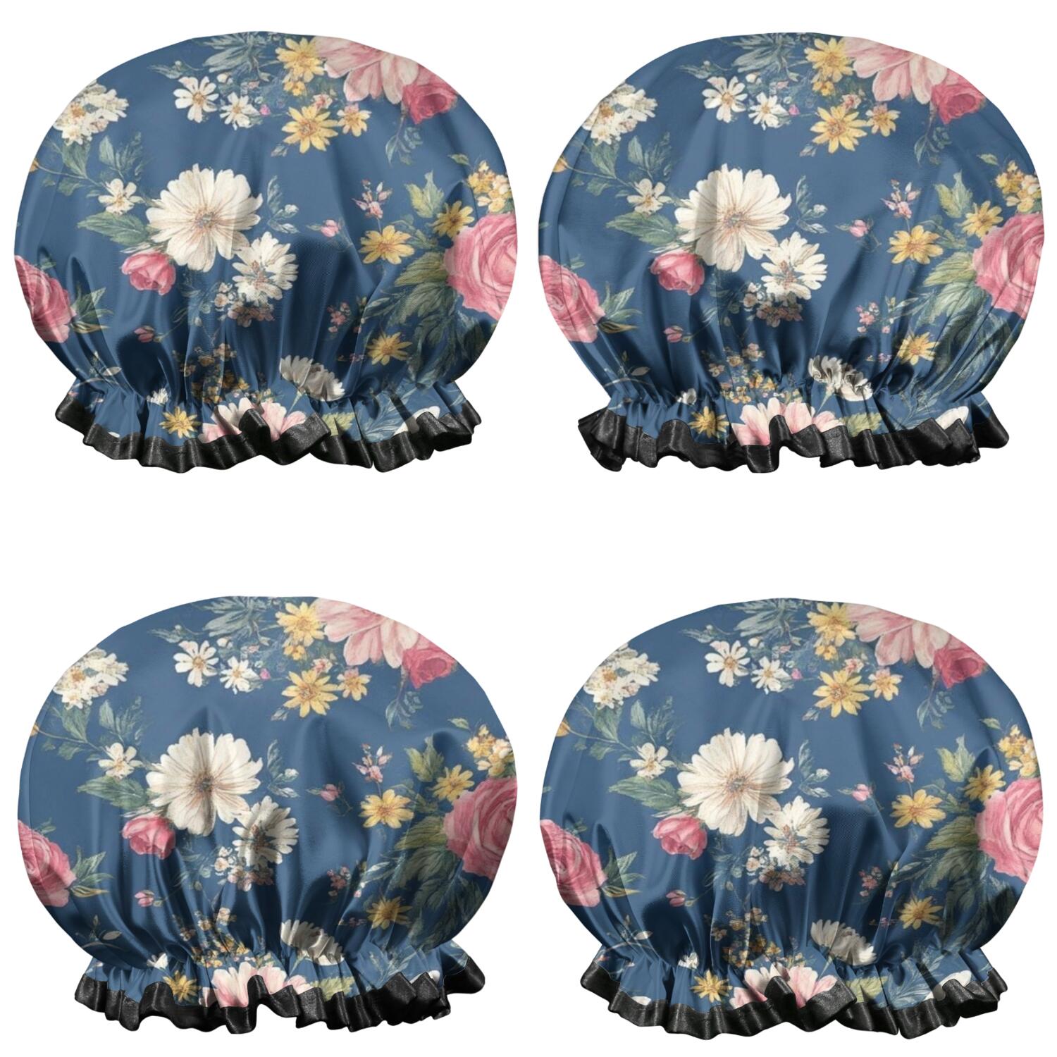 Shower Caps,Pioneer Flower Floral Print Pattern Waterproof Shower Cap for Women 4 Pieces,Double Reusable Hair Cover for Shower PEVA Elastic Stretch Hem