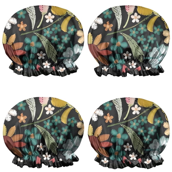 Shower Caps,Pioneer Flower Floral Print Pattern Waterproof Shower Cap for Women 4 Pieces,Double Reusable Hair Cover for Shower PEVA Elastic Stretch Hem