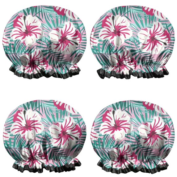 Shower Caps,Pioneer Flower Floral Print Pattern Waterproof Shower Cap for Women 4 Pieces,Double Reusable Hair Cover for Shower PEVA Elastic Stretch Hem
