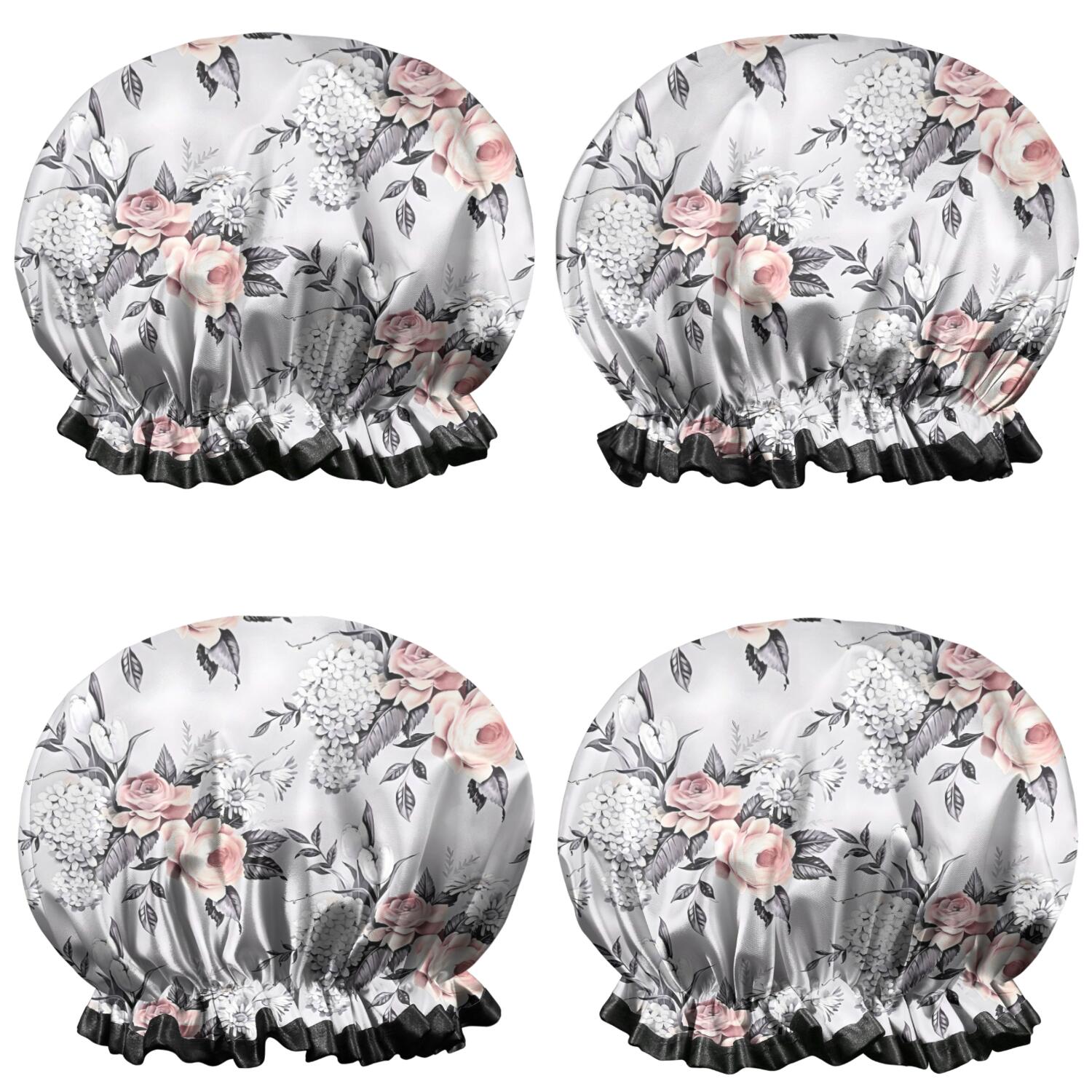 Shower Caps,Pioneer Flower Floral Print Pattern Waterproof Shower Cap for Women 4 Pieces,Double Reusable Hair Cover for Shower PEVA Elastic Stretch Hem