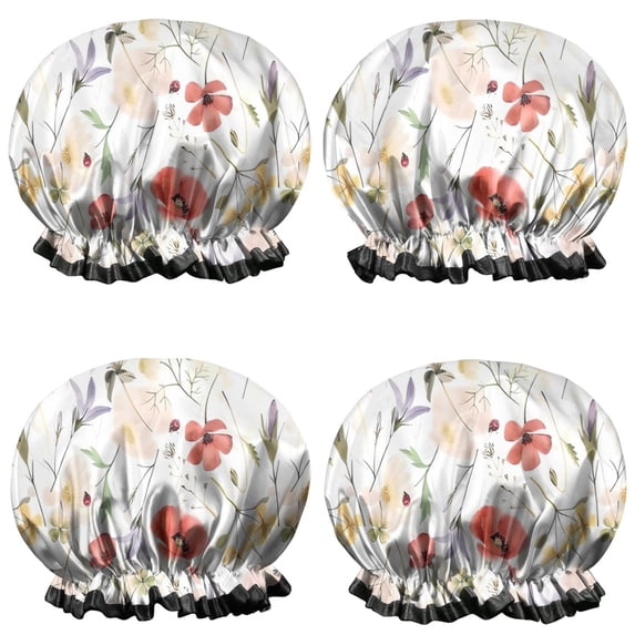 Shower Caps,Pioneer Flower Floral Print Pattern Waterproof Shower Cap for Women 4 Pieces,Double Reusable Hair Cover for Shower PEVA Elastic Stretch Hem