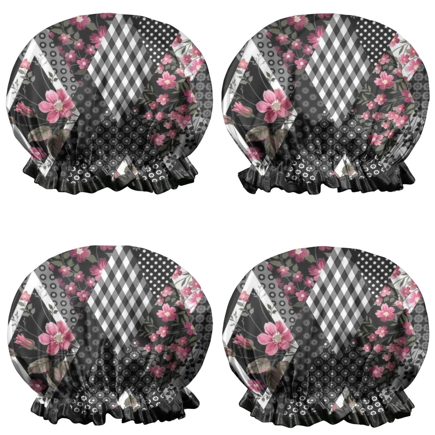 Shower Caps,Pioneer Flower Floral Print Pattern Waterproof Shower Cap for Women 4 Pieces,Double Reusable Hair Cover for Shower PEVA Elastic Stretch Hem