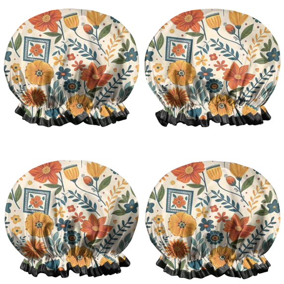 Shower Caps,Pioneer Flower Floral Print Pattern Waterproof Shower Cap for Women 4 Pieces,Double Reusable Hair Cover for Shower PEVA Elastic Stretch Hem