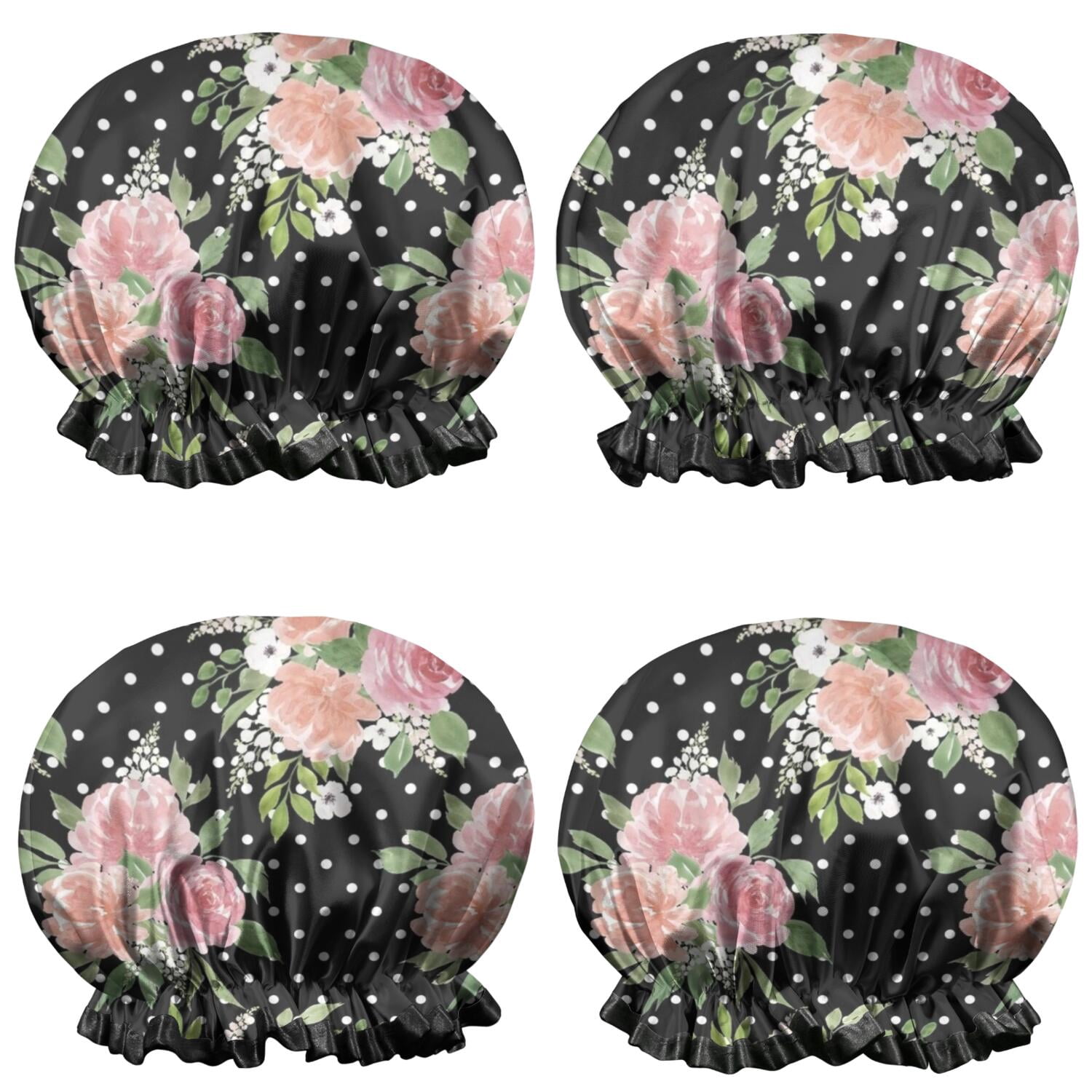Shower Caps,Pioneer Flower Floral Print Pattern Waterproof Shower Cap for Women 4 Pieces,Double Reusable Hair Cover for Shower PEVA Elastic Stretch Hem