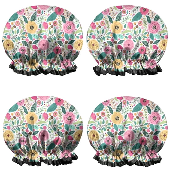 Shower Caps,Pioneer Flower Floral Print Pattern Waterproof Shower Cap for Women 4 Pieces,Double Reusable Hair Cover for Shower PEVA Elastic Stretch Hem