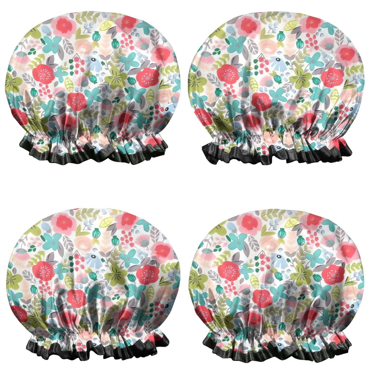 Shower Caps,Pioneer Flower Floral Print Pattern Waterproof Shower Cap for Women 4 Pieces,Double Reusable Hair Cover for Shower PEVA Elastic Stretch Hem