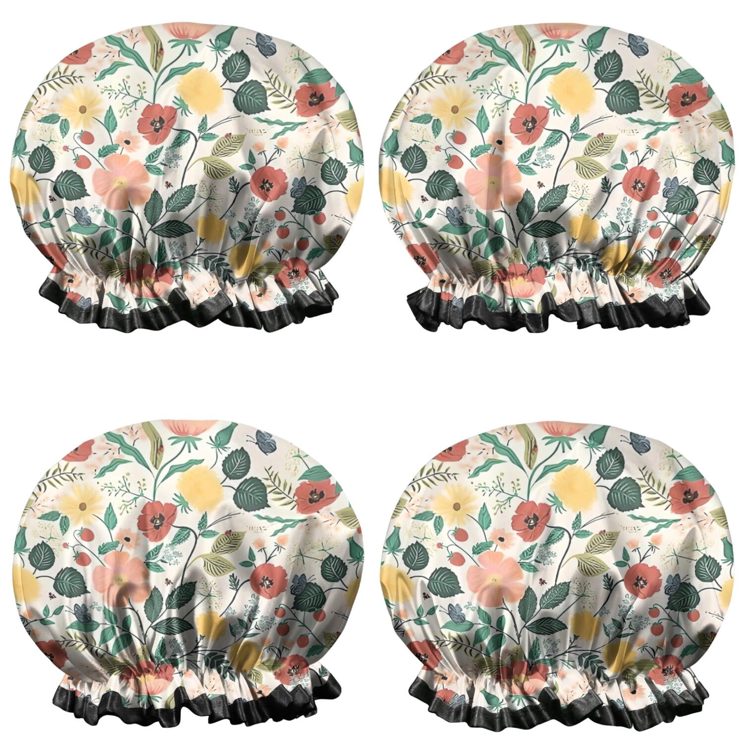 Shower Caps,Pioneer Flower Floral Print Pattern Waterproof Shower Cap for Women 4 Pieces,Double Reusable Hair Cover for Shower PEVA Elastic Stretch Hem