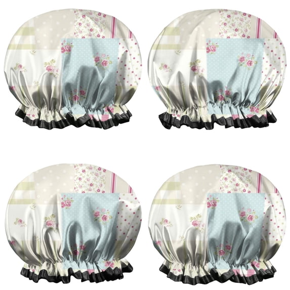 Shower Caps,Pioneer Flower Floral Print Pattern Waterproof Shower Cap for Women 4 Pieces,Double Reusable Hair Cover for Shower PEVA Elastic Stretch Hem