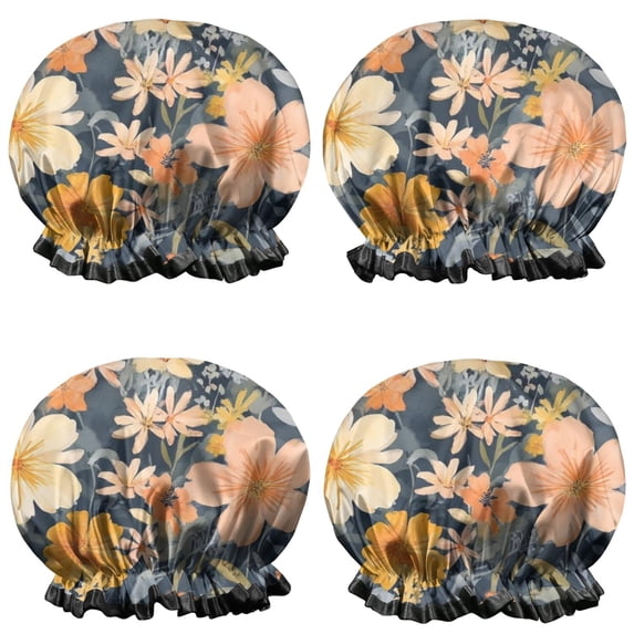 Shower Caps,Pioneer Flower Floral Print Pattern Waterproof Shower Cap for Women 4 Pieces,Double Reusable Hair Cover for Shower PEVA Elastic Stretch Hem