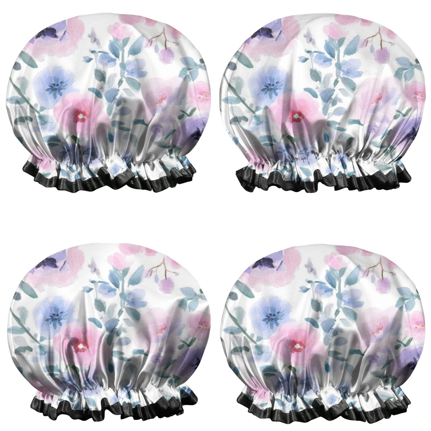 Shower Caps,Pioneer Flower Floral Print Pattern Waterproof Shower Cap for Women 4 Pieces,Double Reusable Hair Cover for Shower PEVA Elastic Stretch Hem