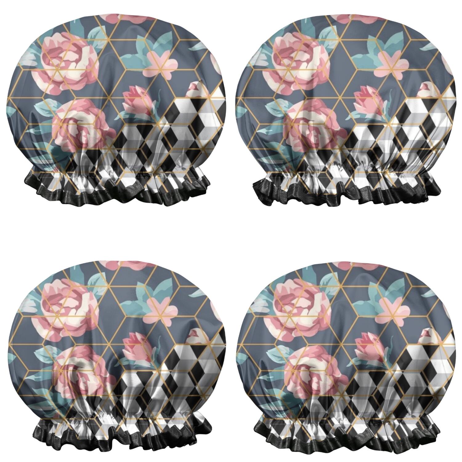 Shower Caps,Pioneer Flower Floral Print Pattern Waterproof Shower Cap for Women 4 Pieces,Double Reusable Hair Cover for Shower PEVA Elastic Stretch Hem